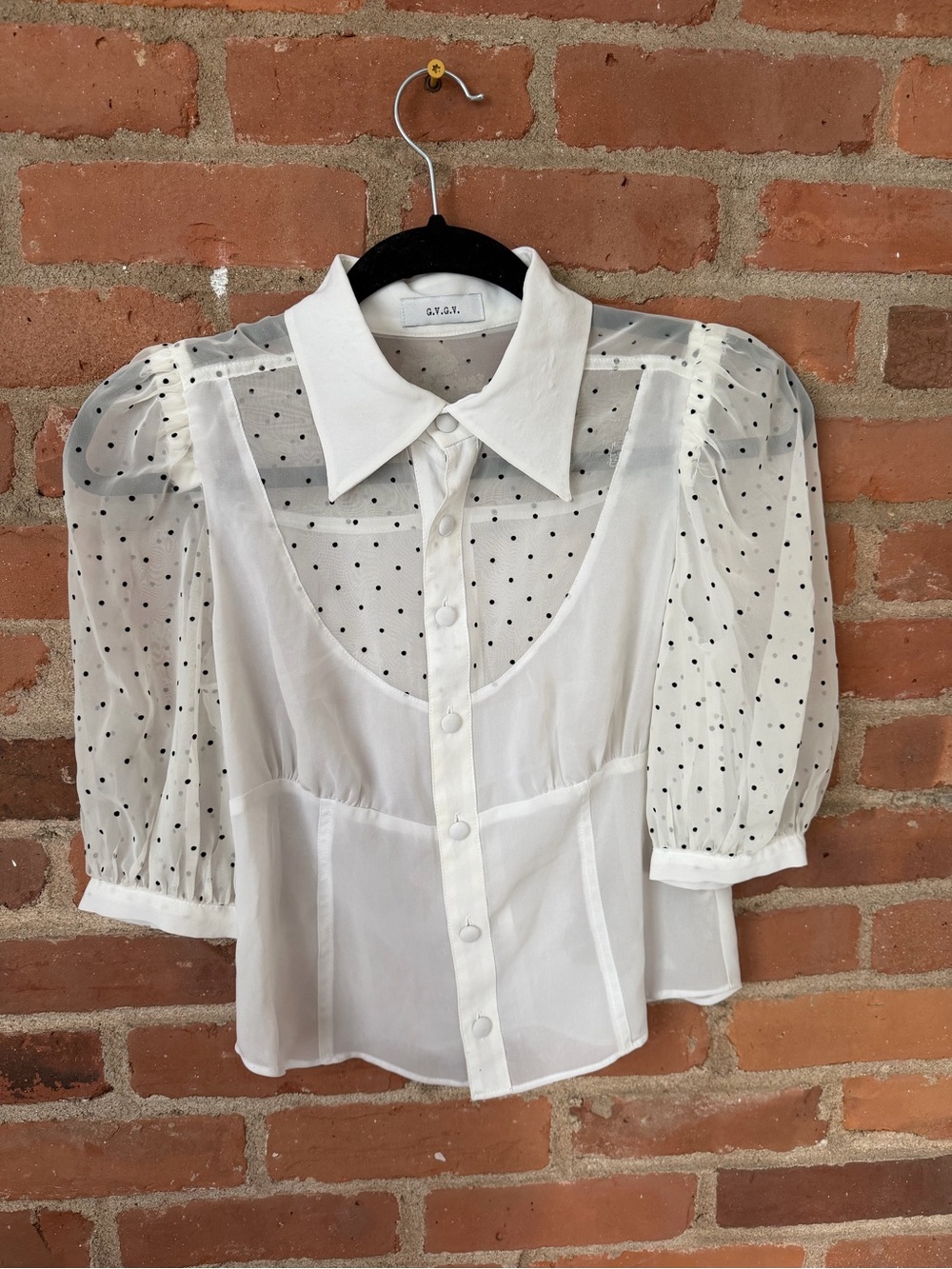 G.V.G.V. White Collared Polka Dot Mesh Blouse USA small